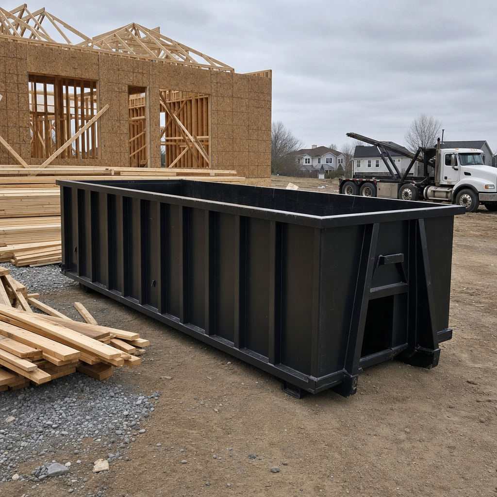 Matte-black 40-yard roll-off dumpster staged on a framed-out residential construction site in Munster, framing lumber stacked nearby, hooklift delivery truck visible in the background under bright Colorado daylight