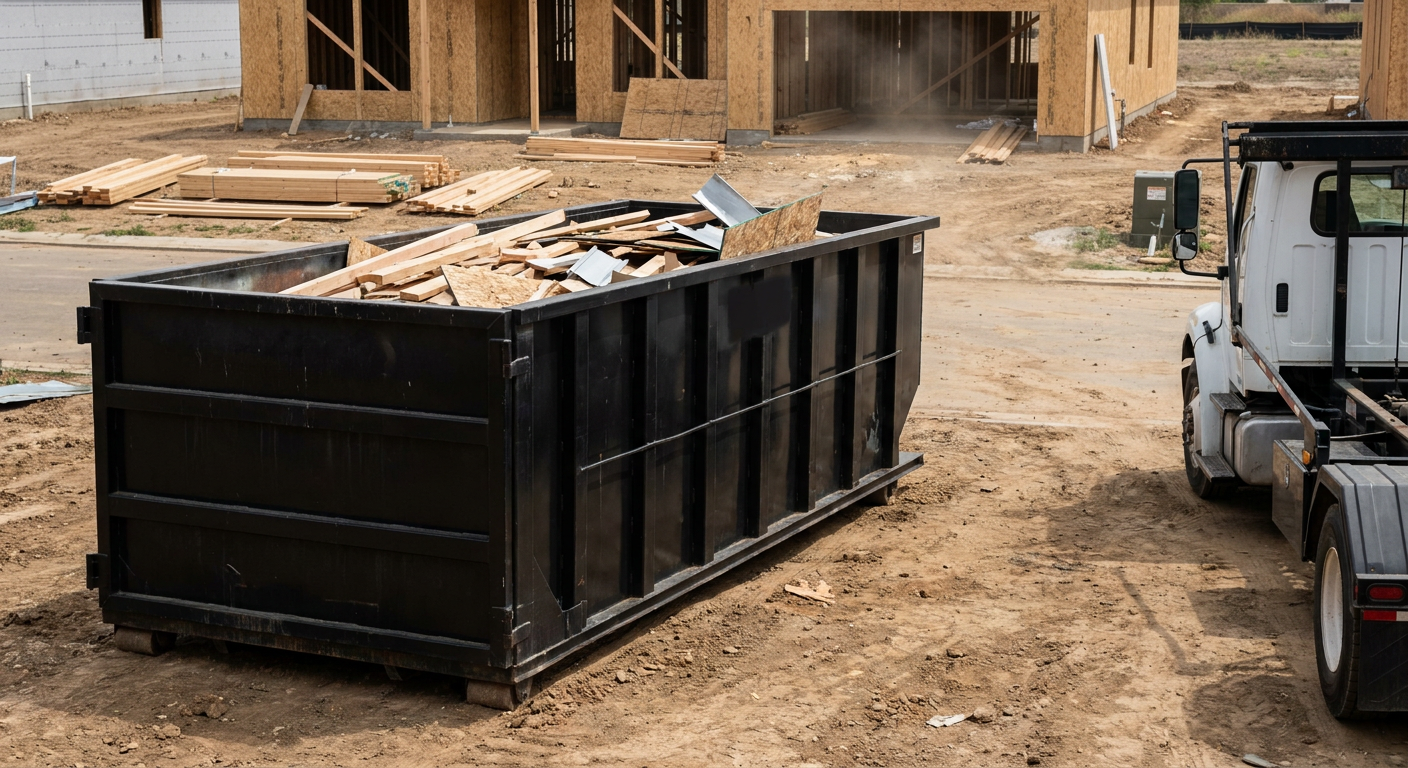 Matte-black 20-yard roll-off construction dumpster with heavy ribbed steel sidewalls and swing rear doors at a working jobsite in Munster, sitting directly on compacted dirt with an unmarked white hauler partially visible at the far edge of the frame.