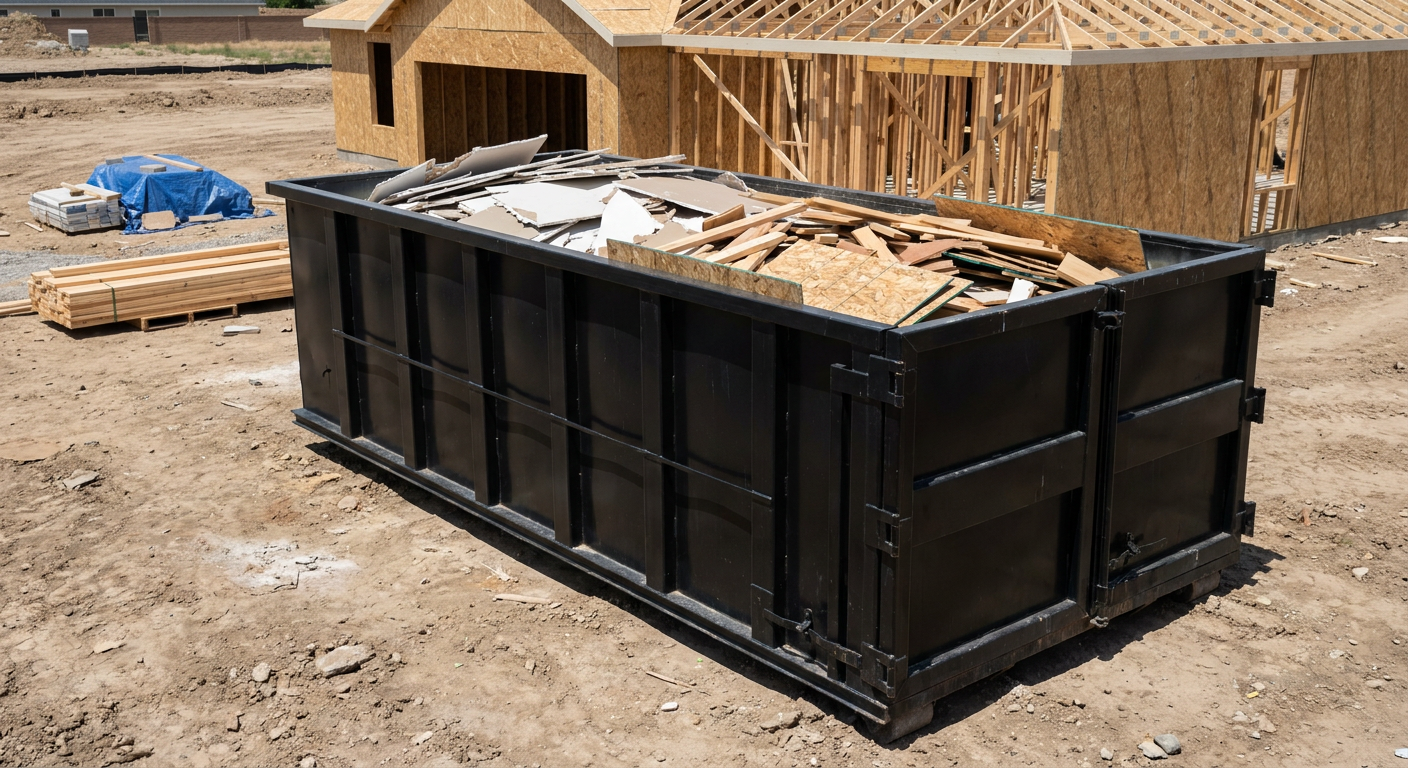 Matte-black 30-yard roll-off construction dumpster sitting directly on the compacted-dirt site of a framed single-family home build in Munster, drywall and lumber scrap loaded inside.