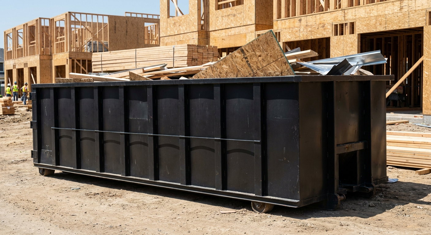 Matte-black 40-yard roll-off construction dumpster being lowered from a white-cab hooklift delivery truck onto the compacted-dirt jobsite at a commercial build site in Munster