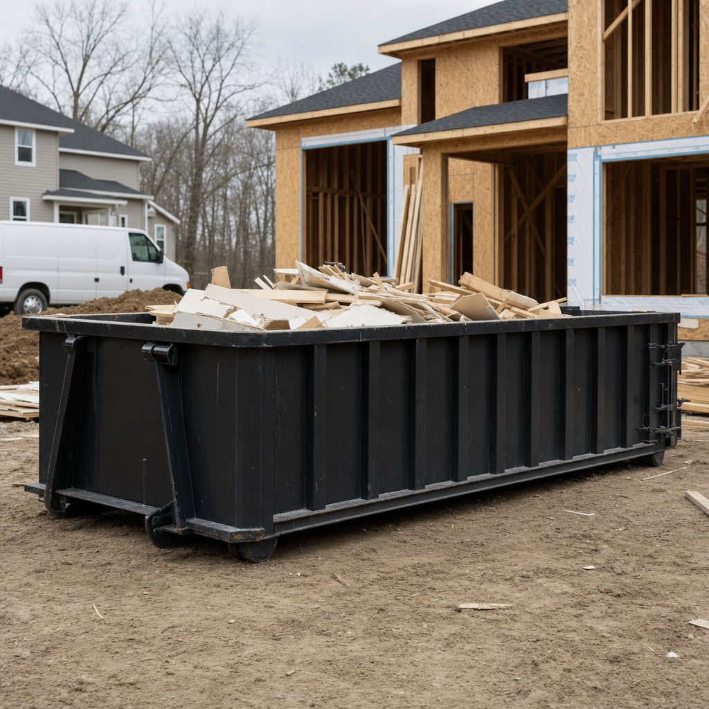 Worker in a yellow high-visibility vest tossing framing lumber and broken drywall into a matte-black 30-yard construction roll-off dumpster on an active build site in Munster, bright daylight