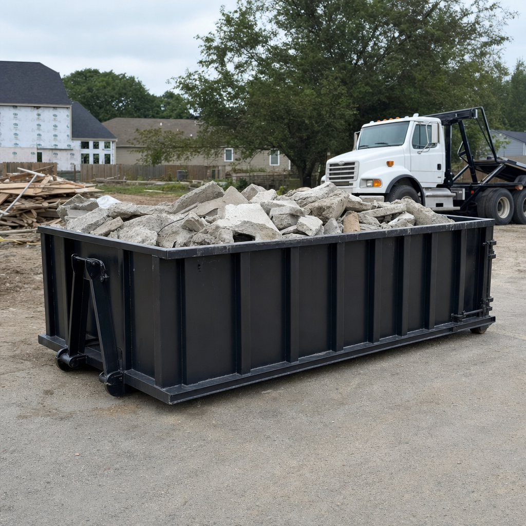Low-profile matte-black lowboy roll-off dumpster loaded with broken concrete slab and rebar at a foundation tear-out in Munster, skid steer parked beside it, sunny Colorado morning