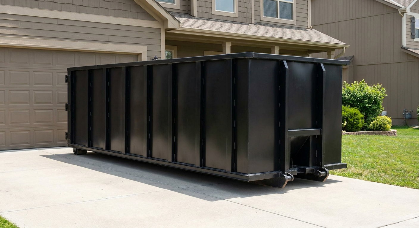 Matte-black residential roll-off dumpster sitting directly on a suburban Munster concrete driveway, garage door closed, single-family home in background, bright morning daylight.