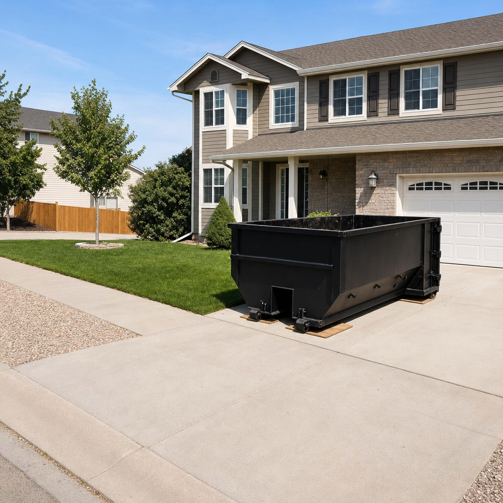 10-yard matte-black residential dumpster placed directly on a narrow Munster concrete driveway, room remains for a parked sedan beside it, mid-morning natural light