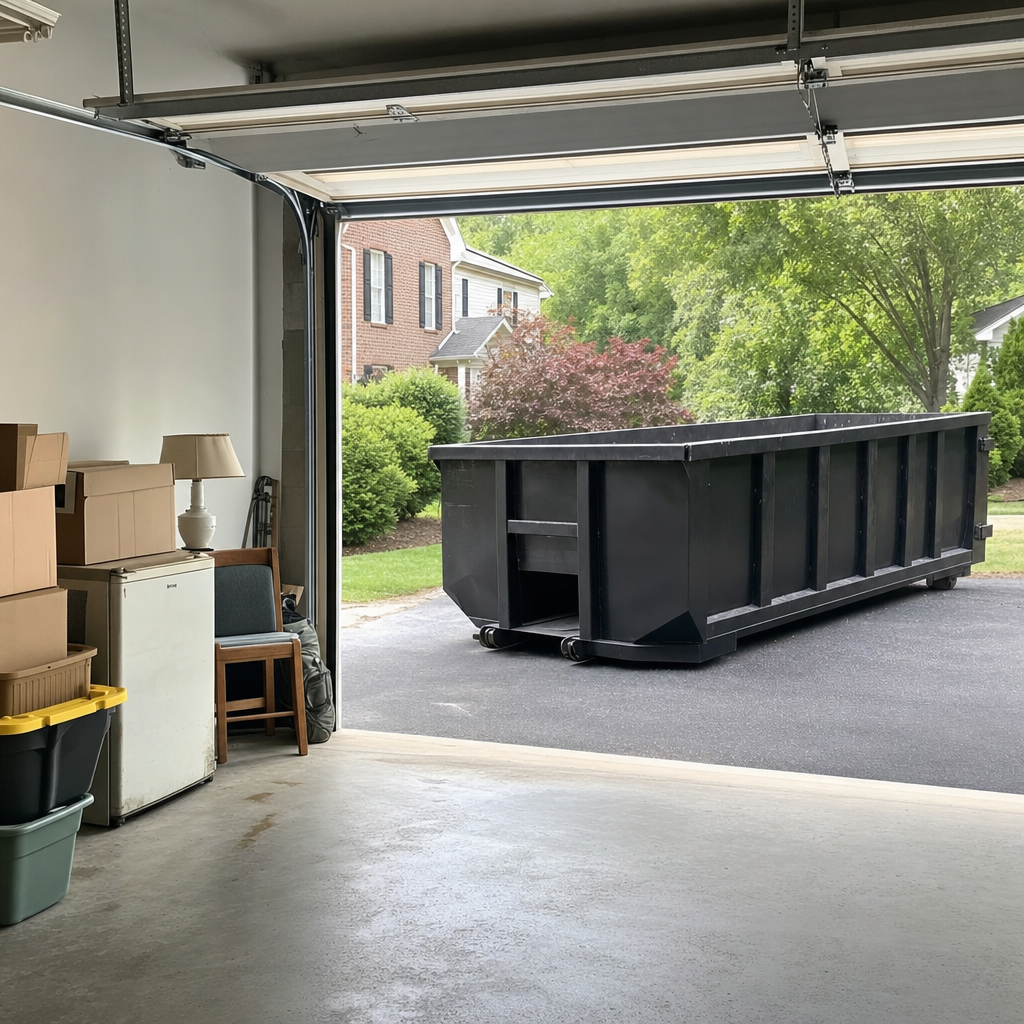 Open garage interior in a Munster home mid-cleanout — boxed items, an old appliance, and stacked yard tools queued near the driveway for a matte-black roll-off dumpster, organized and calm