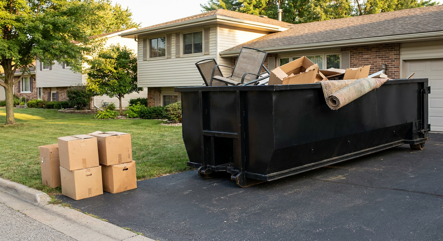 Front-yard view of a Munster split-level home with a 20-yard matte-black roll-off dumpster sitting directly on the asphalt driveway, a few clearly labeled donation boxes staged at the curb, calm sunny afternoon.