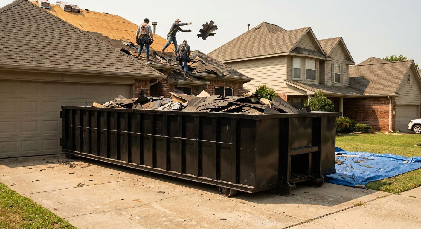 Matte-black roofing roll-off dumpster placed directly on a Munster residential concrete driveway, a tear-off crew on a two-story asphalt-shingle roof tossing shingle bundles into the low-walled container, bright daylight, documentary 35mm perspective.