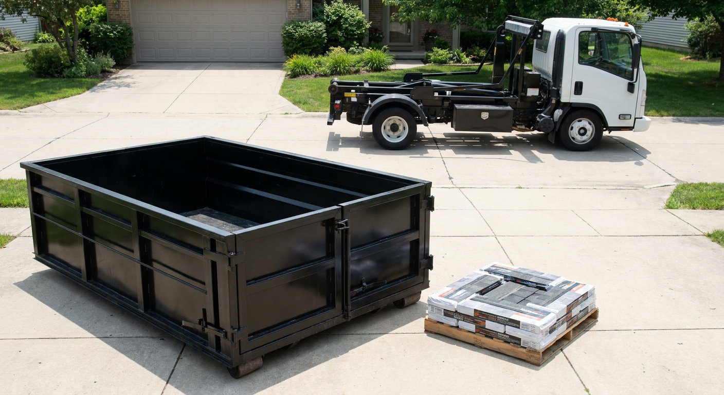 Matte-black 15-yard roofing roll-off dumpster with reinforced low side walls sitting directly on a Munster residential concrete driveway, three-tab asphalt shingle bundles stacked nearby, an unmarked white hauler truck partially visible at the edge of the frame.