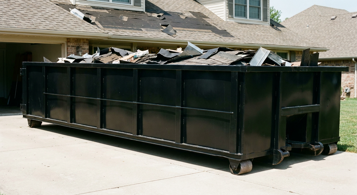 Matte-black 20-yard roofing roll-off dumpster with steel ribbed sides and swinging rear door, sitting directly on the concrete driveway of a two-story Munster home, asphalt shingle debris being loaded over the low wall, clean documentary lighting.