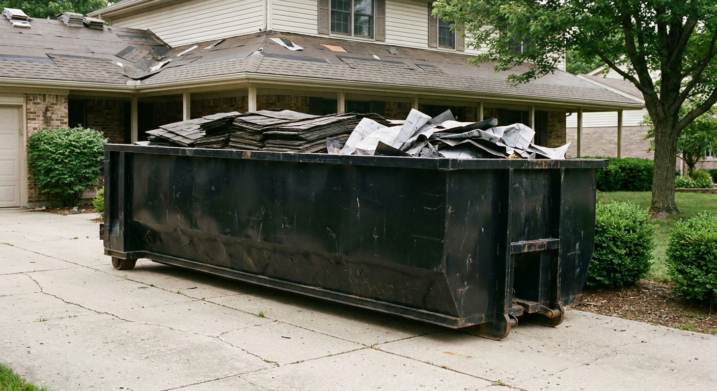 Matte-black 30-yard roofing roll-off dumpster sitting directly on a Munster concrete driveway, taller ribbed steel side panels, mixed tear-off debris of asphalt shingles and underlayment inside, professional documentary daylight.