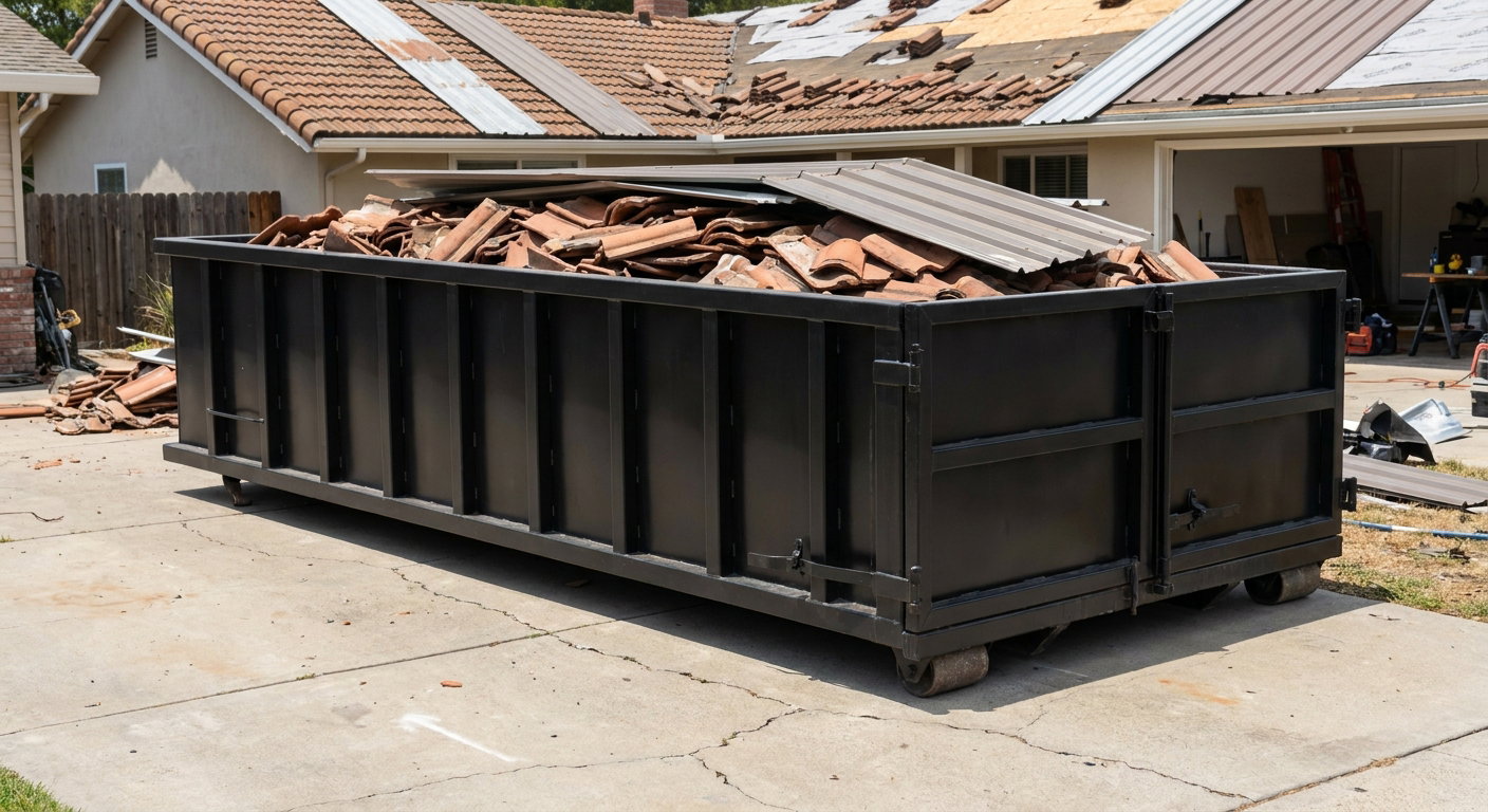 Matte-black low-wall heavy-debris roofing roll-off dumpster sitting directly on a Munster concrete driveway, broken concrete clay roof tiles and metal panel sections loaded inside, reinforced ribbed steel side walls visible, bright outdoor daylight.