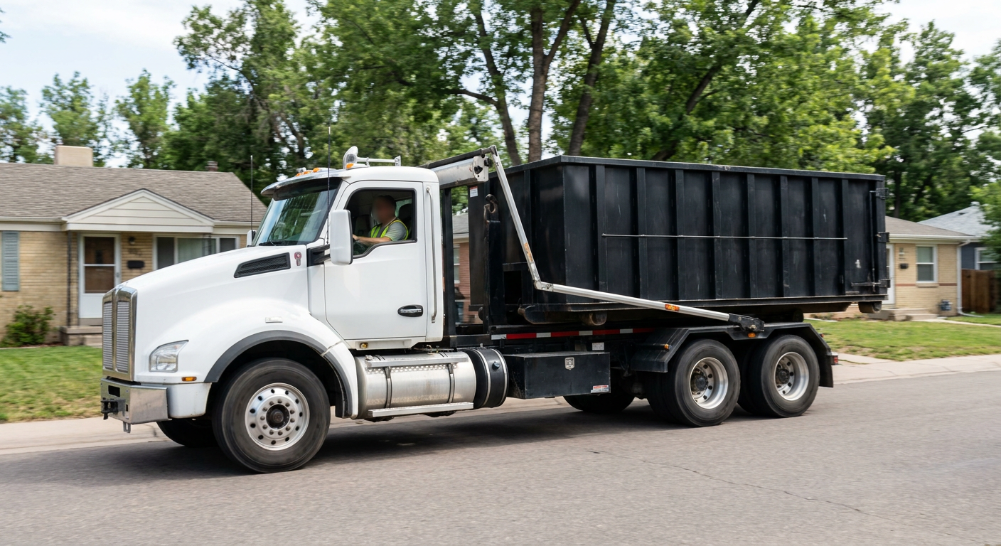 A wide documentary shot of a matte-black roll-off delivery truck pulling onto a quiet Munster residential street at mid-morning, with neighborhood rooftops and tree-lined blocks visible behind, showing the metro coverage footprint.