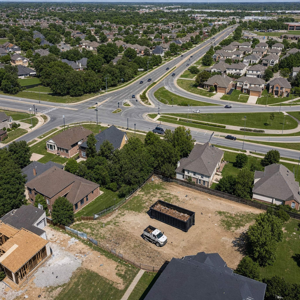 An overhead documentary view of the Munster metro area at midday, showing the spread of neighborhoods, arterial roads, and the dispatch radius from a central yard — clean daylight, organized geographic layout.