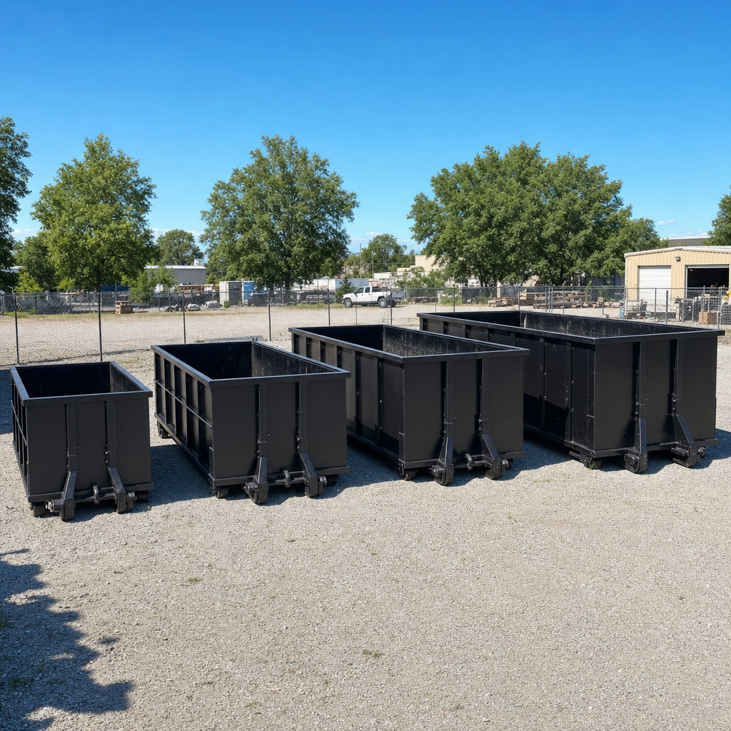 A clean lineup of matte-black roll-off dumpsters in 10, 20, 30, and 40-yard sizes staged on a sunlit gravel yard in Munster, showing the size progression from compact to commercial-scale containers.