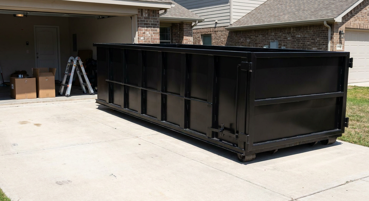 A matte-black 10-yard roll-off dumpster sitting directly on a residential Munster concrete driveway, mid-day sunlight, clean and ready for a garage cleanout.