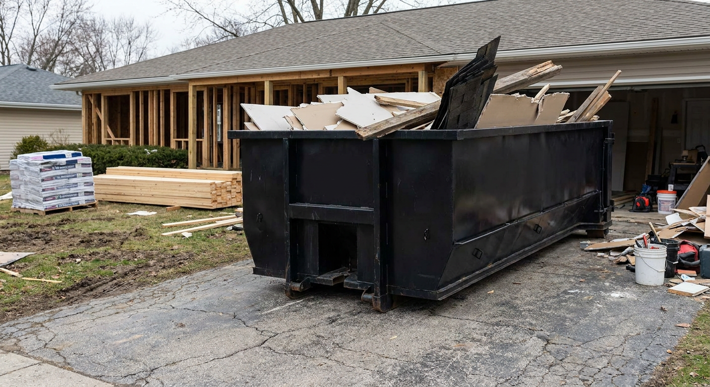 A matte-black 20-yard roll-off dumpster placed alongside a mid-renovation Munster home directly on the asphalt driveway, with framing materials and torn-off shingles staged neatly nearby.