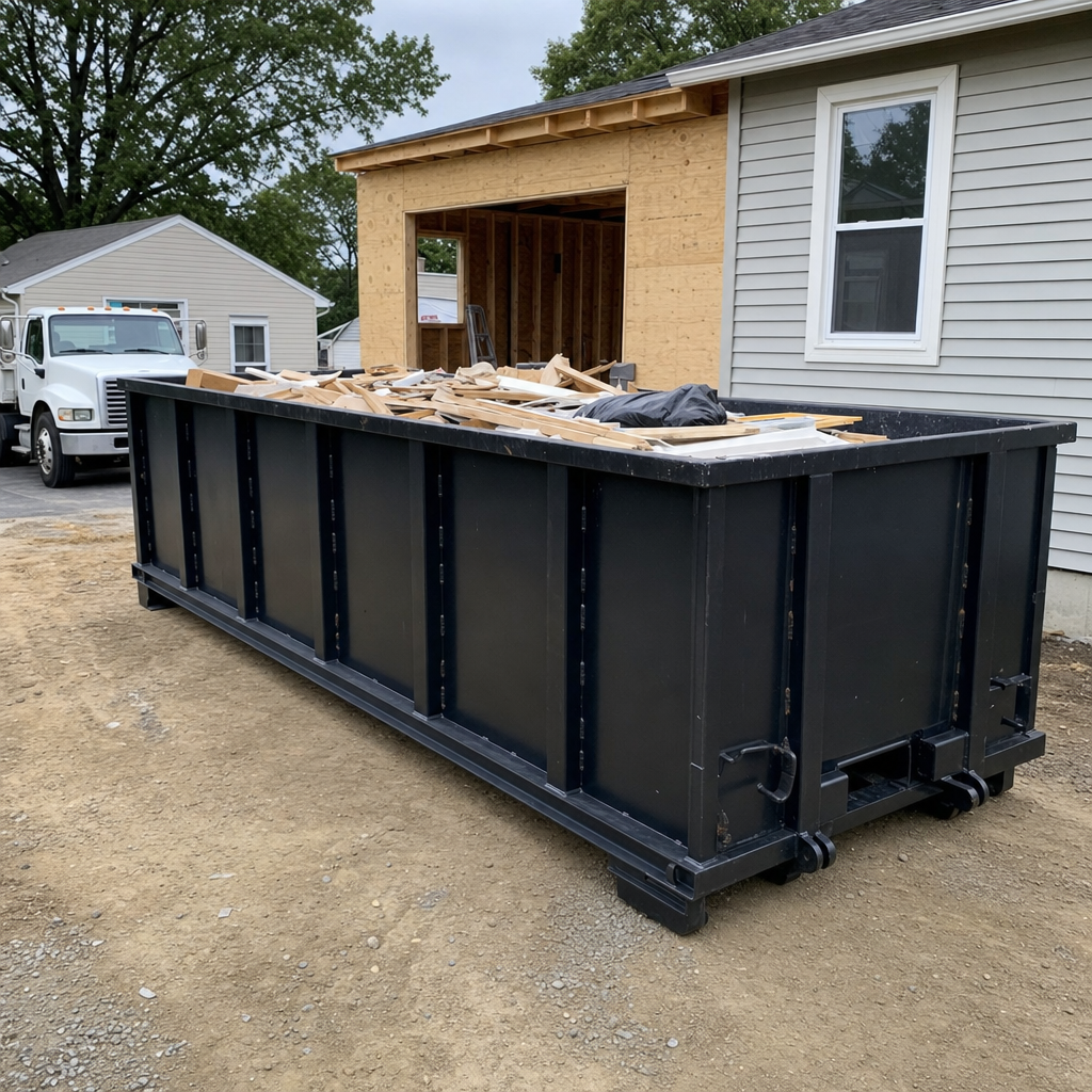 A matte-black 30-yard roll-off dumpster positioned at a Munster residential addition jobsite, with framing lumber and drywall scraps loaded through the open swinging rear doors.