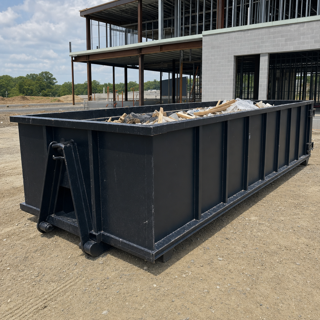 A matte-black 40-yard roll-off dumpster staged on a large Munster commercial construction lot, with a hooklift delivery truck parked alongside under bright midday sky.