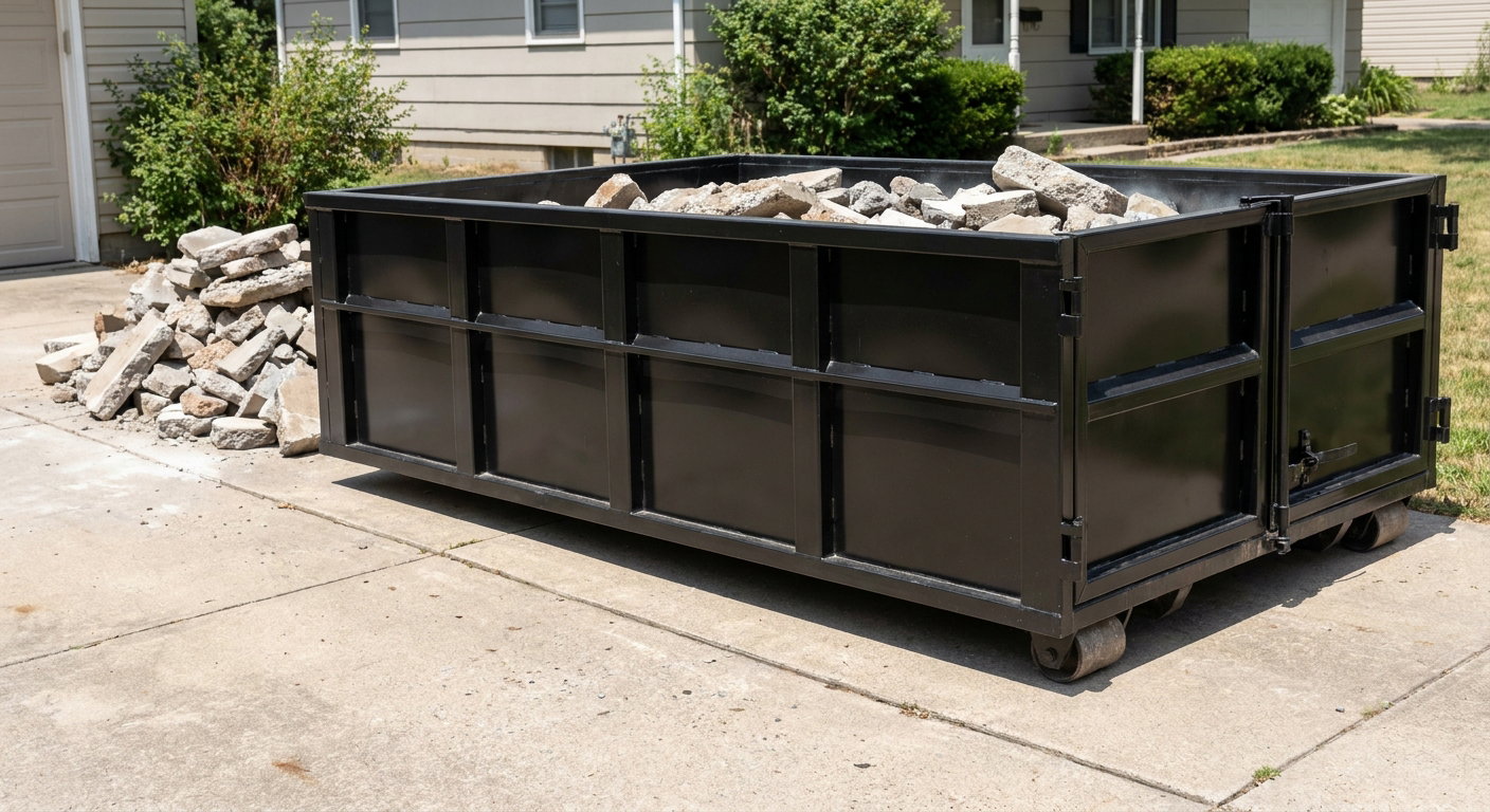 A matte-black low-side heavy-debris roll-off dumpster placed directly on a Munster concrete driveway, with broken concrete chunks neatly stacked beside it under clean daylight.